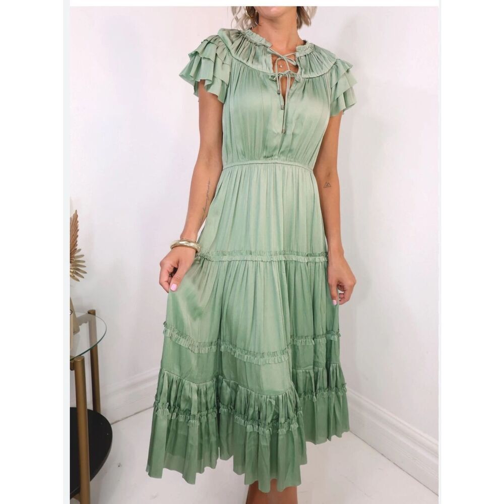 Reset by Jane  Kianna Long Short Sleeve Ruffle Dress sage green S